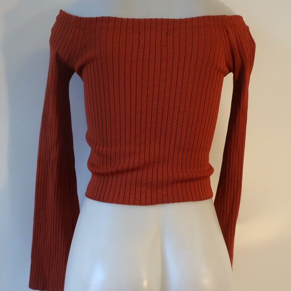 Womens Intermix Rust Ribbed Flare Sleeve Off-The-Shoulder Sweater P US/XS - Picture 8 of 10